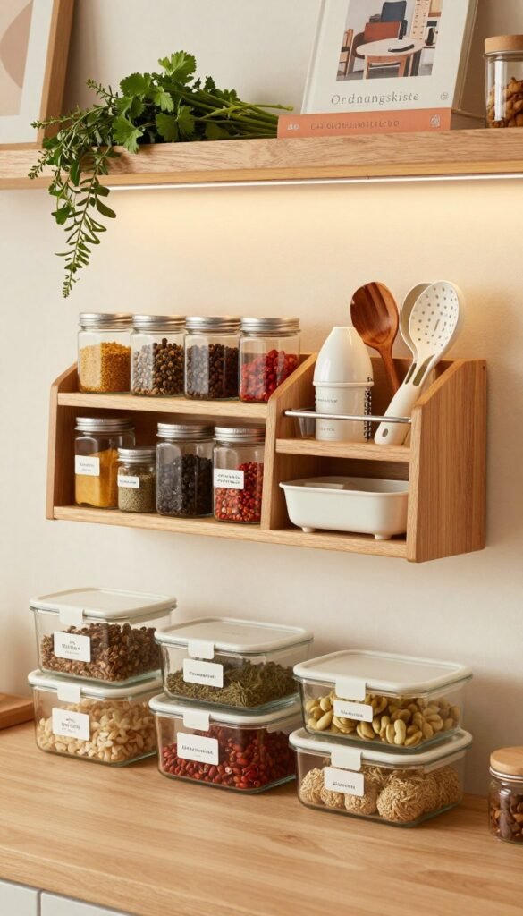 A modern, cozy kitchen scene filled with clever storage solutions. In the foreground, neatly arranged glass food containers labeled with organic ingredients, showcasing a minimalist yet inviting aesthetic. The middle layer features a stylish spice organizer made of natural wood, displaying an array of colorful spices in clear jars, and sliding shelf organizers filled with smaller kitchen essentials like utensils and gadgets to combat clutter. In the background, soft, diffused lighting bathes the scene in warm tones, with rustic shelves decorated with fresh herbs and cookbooks. The overall mood is warm and inviting, reflecting a Pinterest-inspired style. Make sure to include the brand name "Ordnungskiste" subtly in the image composition without any text. A modern, cozy kitchen scene filled with clever storage solutions. In the foreground, neatly arranged glass food containers labeled with organic ingredients, showcasing a minimalist yet inviting aesthetic. The middle layer features a stylish spice organizer made of natural wood, displaying an array of colorful spices in clear jars, and sliding shelf organizers filled with smaller kitchen essentials like utensils and gadgets to combat clutter. In the background, soft, diffused lighting bathes the scene in warm tones, with rustic shelves decorated with fresh herbs and cookbooks. The overall mood is warm and inviting, reflecting a Pinterest-inspired style. Make sure to include the brand name "Ordnungskiste" subtly in the image composition without any text.