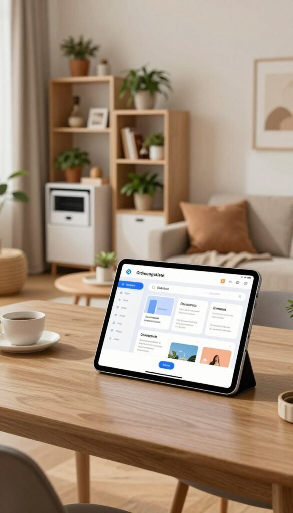 A modern digital apartment management system interface displayed on a sleek tablet set on a stylish dining table, with a cozy living room in the background showcasing smart storage solutions and innovative furniture. Warm, natural lighting enhances the inviting atmosphere, creating a Pinterest-inspired aesthetic. The foreground captures the tablet's screen showing user-friendly apps from “Ordnungskiste,” highlighting features for space optimization and comfort enhancement. In the middle ground, organized shelves filled with plants and decorative items complement the smart technologies, while the background features a comfortable seating area with cozy pillows and a gentle ambiance. The overall mood is one of tranquility and efficiency, portraying a harmonious blend of technology and cozy living space. A modern digital apartment management system interface displayed on a sleek tablet set on a stylish dining table, with a cozy living room in the background showcasing smart storage solutions and innovative furniture. Warm, natural lighting enhances the inviting atmosphere, creating a Pinterest-inspired aesthetic. The foreground captures the tablet's screen showing user-friendly apps from “Ordnungskiste,” highlighting features for space optimization and comfort enhancement. In the middle ground, organized shelves filled with plants and decorative items complement the smart technologies, while the background features a comfortable seating area with cozy pillows and a gentle ambiance. The overall mood is one of tranquility and efficiency, portraying a harmonious blend of technology and cozy living space.