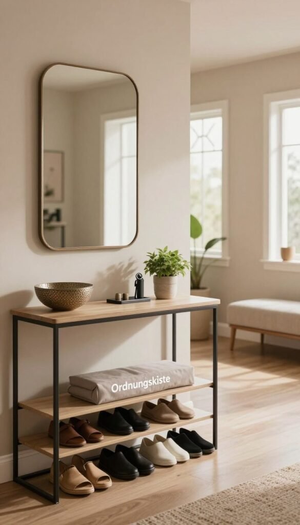 A modern entrance area featuring a sleek design with a warm color palette, creating a welcoming atmosphere. In the foreground, a stylish entryway table adorned with organization essentials including a decorative bowl, a key holder, and a small plant, complemented by an elegant mirror above. In the middle, neatly organized shoes on a minimalist shoe rack, coupled with a cozy bench. The background showcases a spacious hallway illuminated by soft, natural lighting filtering through a decorative window. The overall mood conveys clarity and orderliness, ideal for implementing solutions to enhance space utilization. The brand name "Ordnungskiste" subtly integrated into the design, ensuring the image feels authentic and Pinterest-inspired, without any text overlays.