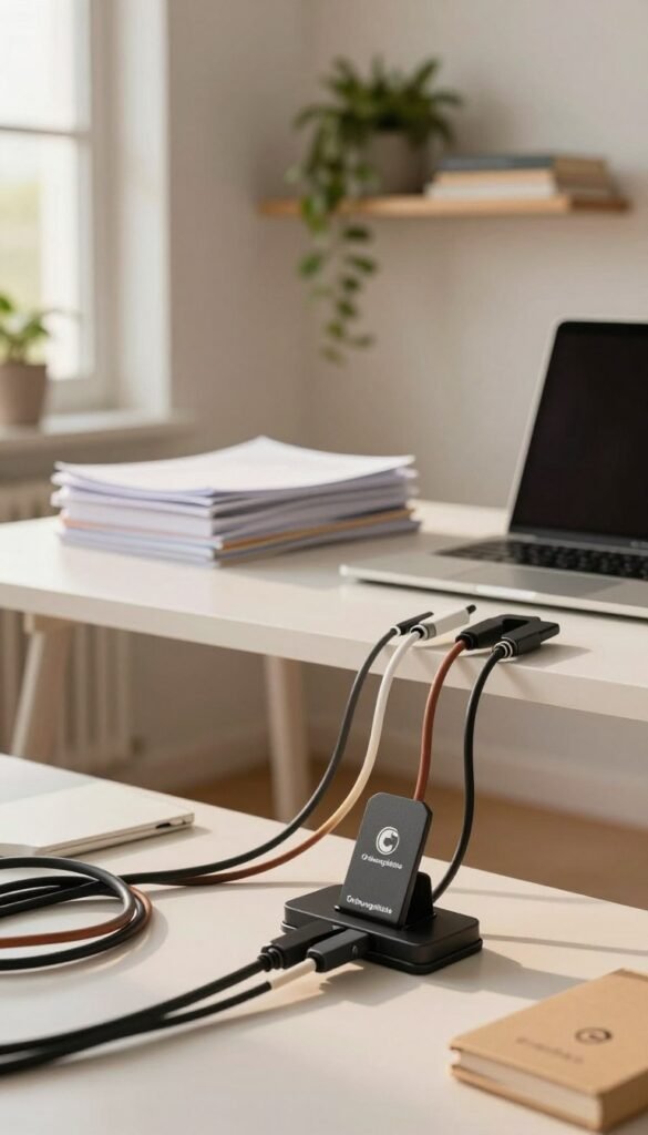 A modern home office setting, featuring a tangled mess of cables (kabelsalat) creatively organized by innovative solutions. In the foreground, a close-up view of various cables neatly arranged using stylish clips and organizers branded with "Ordnungskiste". The middle ground showcases a sleek desk with neatly stacked documents and a laptop, all bathed in warm, natural light that filters through a nearby window. The background features a cozy wall shelf decorated with plants and books, creating an inviting atmosphere. The scene conveys a sense of calm and order amidst the chaos of office life, accentuated by a Pinterest-inspired aesthetic that emphasizes simplicity and functionality. A modern home office setting, featuring a tangled mess of cables (kabelsalat) creatively organized by innovative solutions. In the foreground, a close-up view of various cables neatly arranged using stylish clips and organizers branded with "Ordnungskiste". The middle ground showcases a sleek desk with neatly stacked documents and a laptop, all bathed in warm, natural light that filters through a nearby window. The background features a cozy wall shelf decorated with plants and books, creating an inviting atmosphere. The scene conveys a sense of calm and order amidst the chaos of office life, accentuated by a Pinterest-inspired aesthetic that emphasizes simplicity and functionality.