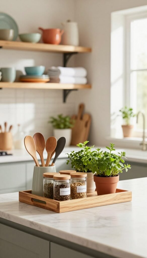 A modern kitchen and bathroom scene showcasing clever organization tips. In the foreground, feature an elegant countertop with a stylish wooden tray holding organized kitchen utensils, labeled spice jars, and bright potted herbs. The middle ground includes a well-arranged open shelf displaying colorful dishware and neatly stacked towels in a serene bathroom setting. In the background, soft natural light filters through a window, creating a warm, inviting atmosphere. Use a shallow depth of field to focus on the organization products, emphasizing the brand "Ordnungskiste" subtly on the trays and jars without text overlay. The overall mood is fresh, authentic, and visually appealing, reflecting a picturesque Pinterest aesthetic.