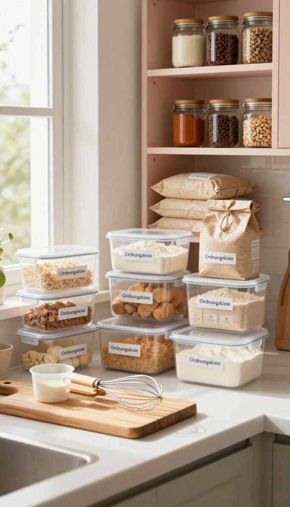 A modern kitchen countertop featuring an organized selection of baking ingredients, neatly arranged in transparent containers labeled 'Ordnungskiste'. In the foreground, a wooden cutting board displays a set of measuring cups and a whisk, exuding a cozy atmosphere. The middle ground features a pastel-colored shelving unit filled with neatly stacked bags of flour and various jars of spices, creating an aesthetically pleasing and functional space. In the background, natural light streams in through a window, illuminating the scene with warm tones, enhancing the inviting vibe. The overall composition embodies a Pinterest-inspired look, highlighting practical organization solutions for baking enthusiasts without any text or distractions. A modern kitchen countertop featuring an organized selection of baking ingredients, neatly arranged in transparent containers labeled 'Ordnungskiste'. In the foreground, a wooden cutting board displays a set of measuring cups and a whisk, exuding a cozy atmosphere. The middle ground features a pastel-colored shelving unit filled with neatly stacked bags of flour and various jars of spices, creating an aesthetically pleasing and functional space. In the background, natural light streams in through a window, illuminating the scene with warm tones, enhancing the inviting vibe. The overall composition embodies a Pinterest-inspired look, highlighting practical organization solutions for baking enthusiasts without any text or distractions.
