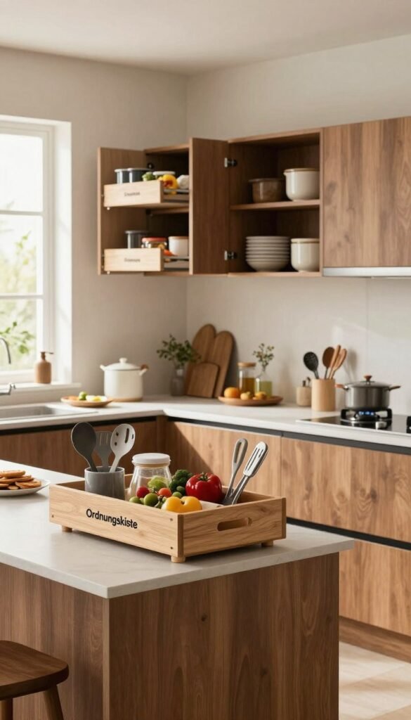 A modern kitchen designed for optimal organization, showcasing clever storage solutions. In the foreground, a stylish island with practical workspace organizers from the brand "Ordnungskiste", holding various kitchen utensils and ingredients in an orderly fashion. The middle section features well-arranged cabinets with pull-out shelves and labeled containers, made from warm wood tones and sleek finishes. In the background, natural light filters through a window, illuminating the space and creating a cozy, inviting atmosphere. The entire scene is complemented by neutral wall colors and tasteful decor, evoking a sense of tranquility and efficiency in meal preparation. The overall mood is one of harmony and functionality, perfect for a Pinterest-inspired home.