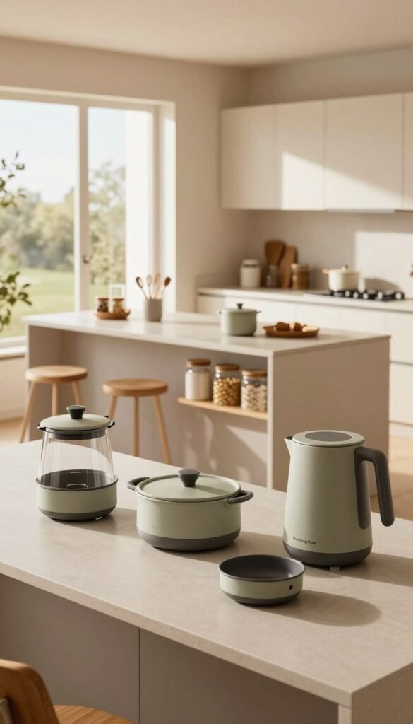 A modern kitchen designed to appear larger and more open, focusing on natural light and optical illusions. In the foreground, showcase sleek kitchen gadgets from "Ordnungskiste," elegantly arranged on a minimalist countertop. The middle ground features a spacious island with decorative storage solutions, like stylish jars and organized utensils, enhancing practicality without clutter. In the background, large windows allow warm sunlight to flood in, illuminating soft, neutral tones on the walls and cabinetry. Use a warm, inviting color palette with cozy textures to evoke a sense of home. Capture the scene from a slightly elevated angle to emphasize depth and openness, creating a Pinterest-inspired aesthetic that feels both authentic and refreshing.