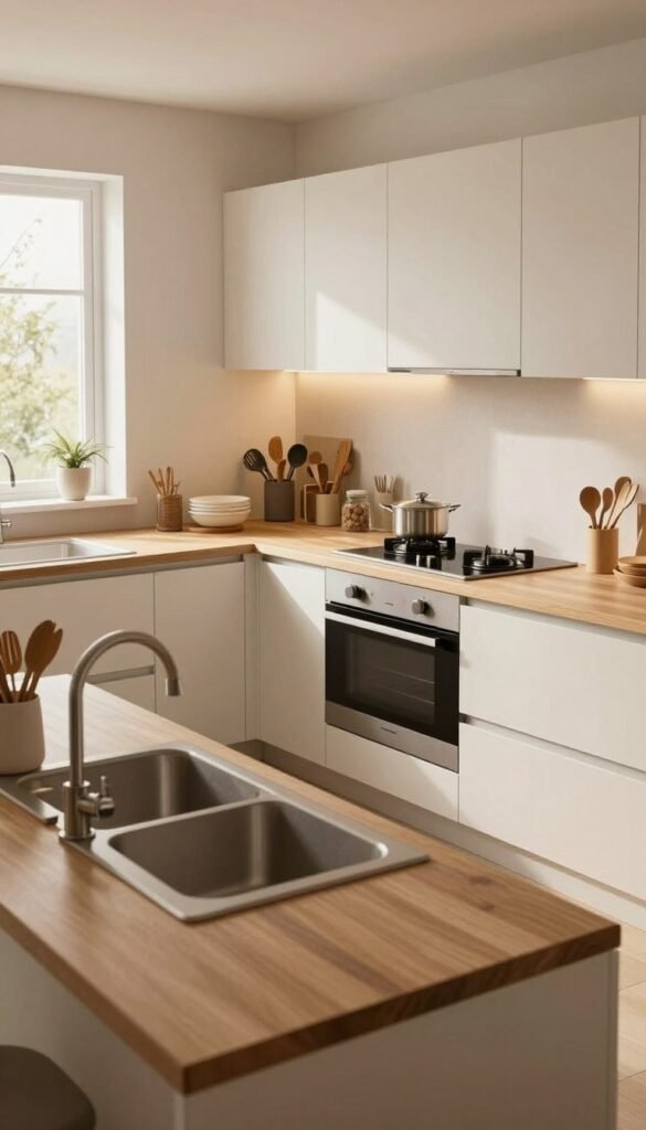 A modern kitchen designed with efficiency in mind, featuring a U-shaped layout that maximizes space. The foreground showcases an organized countertop filled with essential utensils and a stylish, compact sink, all in warm wood tones and soft whites. The middle ground reveals a sleek, modern stove and cabinetry from the brand "Ordnungskiste," exemplifying minimalist design and smart storage solutions. In the background, a small dining nook with natural light filtering through a window enhances the inviting atmosphere. The lighting is soft and warm, creating a cozy ambiance reminiscent of Pinterest aesthetics. The overall mood is functional yet stylish, emphasizing the importance of organization in small spaces. No text overlays or watermarks.