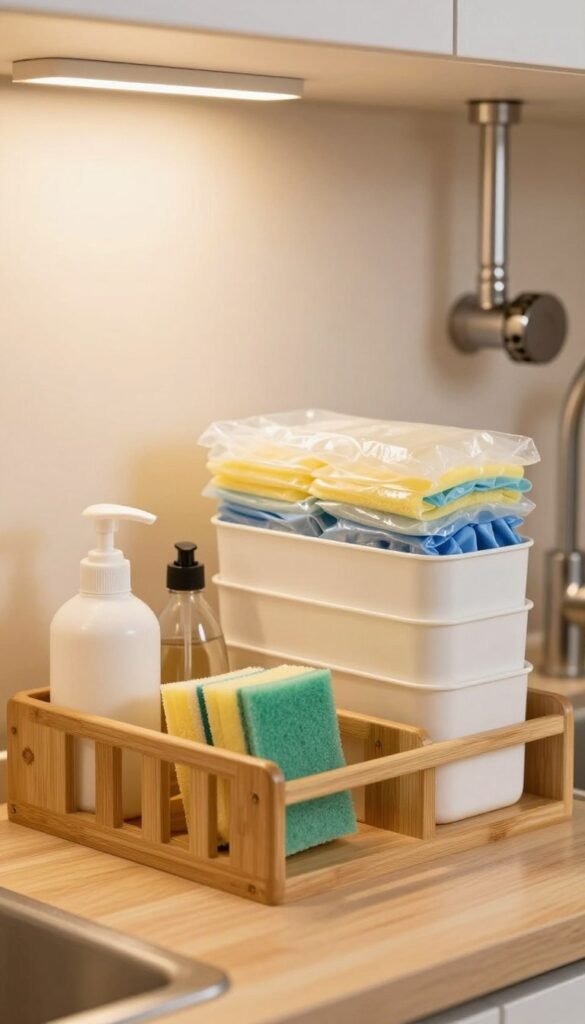 A modern kitchen featuring a neatly organized under-sink area with various types of spülbecken organizers. In the foreground, display a multiple-compartment organizer made of bamboo, holding cleaning supplies and sponges. In the middle, include a stackable bin system to store trash bags and gloves. In the background, show polished pipes and a soft, warm light illuminating the space from an overhead fixture. Use a shallow depth of field to create a cozy and inviting atmosphere, reminiscent of a Pinterest aesthetic, with natural colors from the wood and the gentle glow of the lights. Ensure the scene captures a sense of functionality and calm in a well-maintained environment. A modern kitchen featuring a neatly organized under-sink area with various types of spülbecken organizers. In the foreground, display a multiple-compartment organizer made of bamboo, holding cleaning supplies and sponges. In the middle, include a stackable bin system to store trash bags and gloves. In the background, show polished pipes and a soft, warm light illuminating the space from an overhead fixture. Use a shallow depth of field to create a cozy and inviting atmosphere, reminiscent of a Pinterest aesthetic, with natural colors from the wood and the gentle glow of the lights. Ensure the scene captures a sense of functionality and calm in a well-maintained environment.