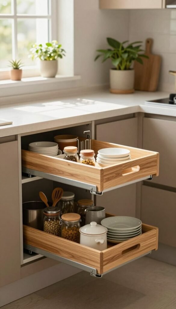 A modern kitchen featuring a stylish and functional pull-out shelf unit, showcasing an organized selection of cooking utensils, spices, and dishware. In the foreground, the wooden pull-out shelf is half extended, revealing neatly arranged contents, with natural light filtering in from a nearby window, adding warmth to the scene. The middle ground displays a contemporary kitchen setup, with sleek cabinetry, subtle earthy tones, and glossy countertops. The background includes soft-focus greenery from plants placed strategically on the windowsill, enhancing a fresh and inviting atmosphere. The overall mood is bright and welcoming, embodying a Pinterest-inspired aesthetic with a natural color palette. Ensure the image is free of any text or logos, capturing an authentic kitchen storage solution.