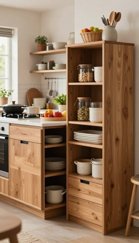 A modern kitchen featuring a stylish space corner cabinet (eckschrank) with full extensions, showcasing an organized interior filled with kitchen essentials. The foreground highlights the sleek cabinet with warm wood tones and soft-close drawers. In the middle ground, a well-lit countertop displays an array of cookware and fresh produce, enhancing the vibrant kitchen atmosphere. The background reveals a cozy kitchen setting adorned with subtle, rustic decor and natural light filtering through a window, creating a warm and inviting mood. The overall composition embraces a Pinterest-inspired aesthetic, with an authentic feel. Ensure the brand name "Ordnungskiste" is prominently featured on the cabinet. The shot is taken from a slightly elevated angle, conveying a sense of spaciousness and functionality.