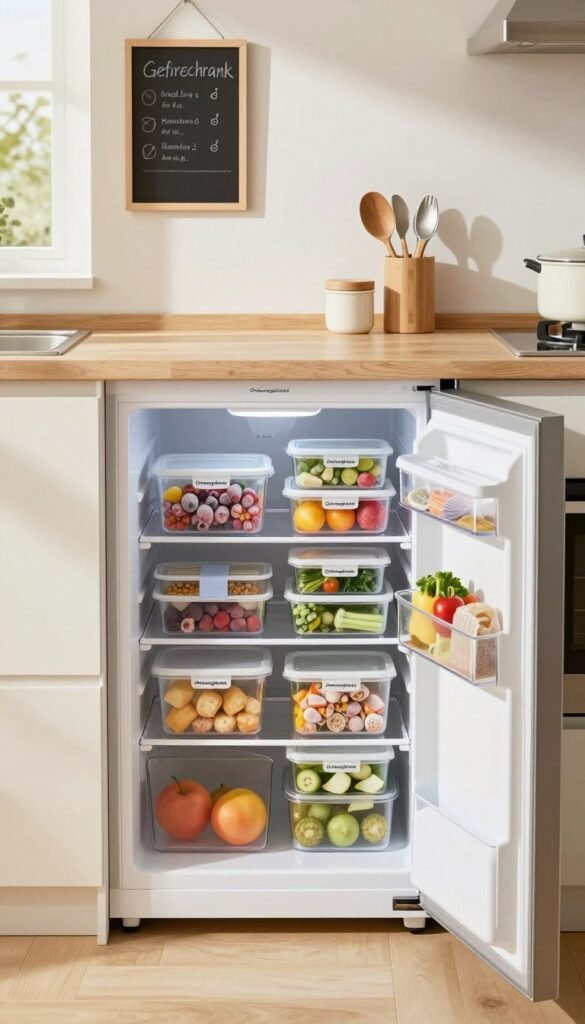 A modern kitchen featuring a well-organized, spacious "gefrierschrank" (freezer) in the foreground. The freezer is filled with clearly labeled containers from the brand "Ordnungskiste," showcasing a variety of neatly arranged food items like frozen fruits, vegetables, and meals. The middle ground includes a tidy kitchen countertop with a few kitchen tools and a chalkboard for notes, emphasizing the theme of organization. In the background, soft natural light filters in through a window, casting gentle shadows and creating a warm and inviting atmosphere. The scene should convey a sense of order, efficiency, and practical home management, capturing the essence of freezer preparation and optimal storage strategy, all in a Pinterest-worthy style.