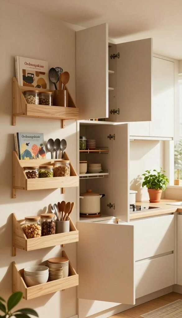 A modern kitchen featuring innovative storage solutions that maximize space without the need for renovation. In the foreground, show stylish wall-mounted shelves filled with neatly organized kitchen essentials, such as jars, utensils, and cookbooks. The middle ground should display sleek cabinets with open doors revealing organized interior space, highlighting the use of vertical storage and door racks. In the background, a window allows warm, natural light to illuminate the scene, creating a cozy atmosphere. Incorporate a touch of greenery with potted herbs on the countertop. The overall color palette should consist of warm, inviting tones with a Pinterest-inspired aesthetic. Include the brand name "Ordnungskiste" subtly integrated into the design. The image should evoke a sense of order and efficiency, showcasing a clutter-free kitchen.
