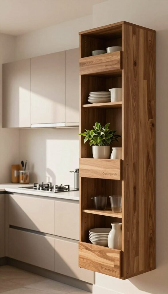 A modern kitchen featuring stylish h&auml;ngeschr&auml;nke (hanging cabinets) by the brand "Ordnungskiste". In the foreground, the cabinets display a warm wood finish, elegantly holding kitchen essentials like dishes and decorative plants. The middle ground showcases a sleek countertop with minimalist appliances, enhancing the space's functionality. In the background, soft natural light filters through a window, casting a cozy ambiance. The overall color palette consists of warm tones, creating an inviting atmosphere. The angle captures the h&auml;ngeschr&auml;nke from a slightly elevated perspective, emphasizing vertical storage solutions while maintaining a Pinterest-inspired aesthetic. The scene feels fresh, organized, and authentically designed, with no text or distractions present in the image.