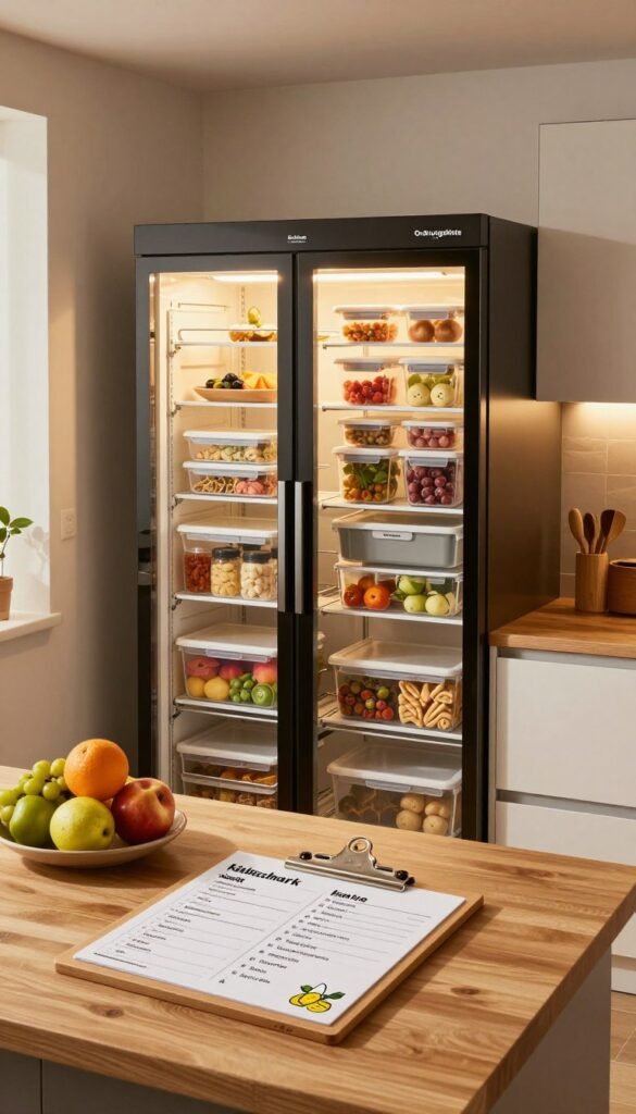 A modern kitchen interior featuring a sleek, organized "k&uuml;hlschrank" prominently displayed, showcasing clear food storage containers and meal prep items inside. The foreground displays a wooden countertop with a well-arranged meal planning board, grocery lists, and colorful fruits artistically placed. In the middle, the "Ordnungskiste" brand storage solutions are elegantly arranged, emphasizing a tidy and efficient space. The background reveals warm lighting that creates a cozy and inviting atmosphere, with soft shadows casting across the scene. A wide-angle view highlights the harmonious layout of the kitchen, making it feel both functional and aesthetically pleasing. The overall mood is warm and inviting, perfect for family organization and meal planning.