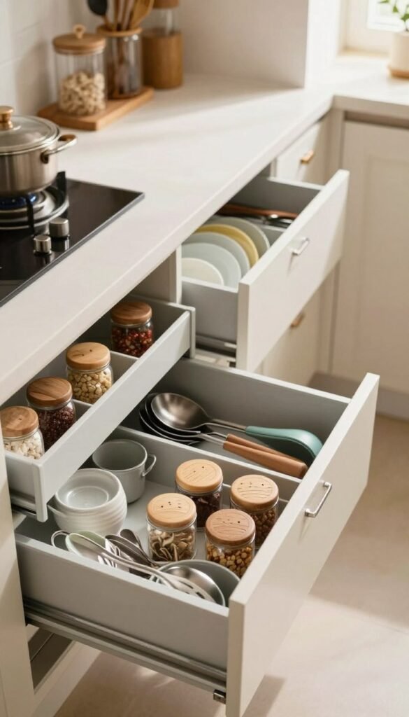 A modern kitchen interior featuring a well-organized drawer system designed for optimal storage. In the foreground, focus on a top drawer with neatly sorted utensils, spice jars, and kitchen gadgets, arranged in an aesthetically pleasing manner. The middle ground showcases a variety of drawers and cabinets, each displaying separate organizational systems, such as dividers for cutlery and containers for serving dishes. In the background, soft natural light filters through a window, giving warmth to the scene and emphasizing the clean, inviting atmosphere. The overall mood is one of tranquility and order, inviting the viewer to imagine a clutter-free cooking space. Capture this with a slightly elevated angle to highlight the depth and functionality of the storage solutions.