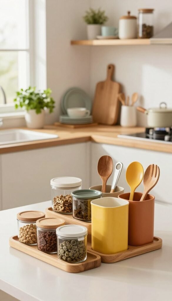 A modern kitchen interior featuring an organized kitchen organization set. In the foreground, display neatly arranged storage containers, spice jars, and utensils in vibrant, warm colors. The middle ground shows wooden shelves filled with categorized kitchenware, such as plates, cups, and cutting boards, exuding a clean and inviting aesthetic. In the background, a stylish countertop with fresh herbs and kitchen gadgets, illuminated by soft, natural light coming through a window, creates a cozy atmosphere. The scene should emphasize functionality and elegance, with a Pinterest-inspired vibe, highlighting the appeal of a complete kitchen organization set without any text or distractions.