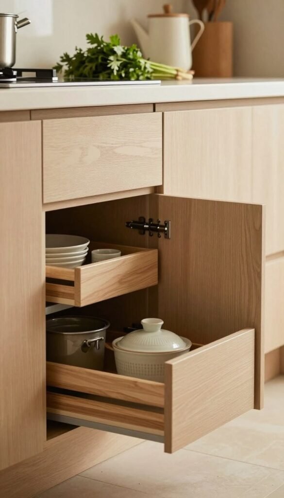 A modern kitchen interior featuring stylish storage solutions, with an emphasis on cabinet doors and drawers designed for maximizing space. In the foreground, showcase a sleek, open cabinet with neatly organized kitchenware, emphasizing functionality and clever storage ideas. The middle ground should display closed cabinet doors with a textured finish, reflecting warm, natural hues to create an inviting atmosphere. In the background, subtle hints of other kitchen elements such as a countertop with fresh herbs and a minimalist decor. Soft, diffused lighting enhances the warm color palette, creating a cozy and practical kitchen scene. The composition should evoke a Pinterest-worthy aesthetic, highlighting innovative storage designs without any text or distractions.