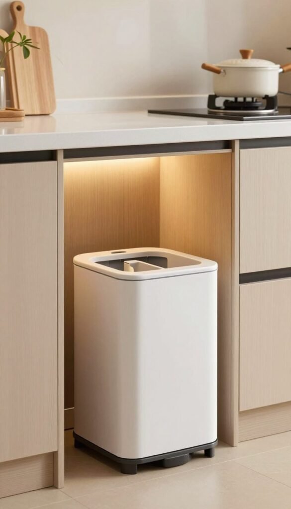 A modern kitchen interior highlighting a well-organized waste separation system integrated into a stylish cabinet. In the foreground, a sleek, minimalistic waste bin designed to fit seamlessly within the cabinet, showcasing different compartments for recycling, compost, and general waste. In the middle ground, the cabinet's details come into focus, with soft, warm lighting illuminating the wood texture and smooth finish. The background features a harmonious kitchen setting, complete with neutral-toned walls and natural elements like plants or wooden accents, exuding a cozy yet contemporary atmosphere. Capture the scene from a slightly elevated angle, emphasizing the functionality and aesthetic appeal of smart waste management solutions in everyday spaces.