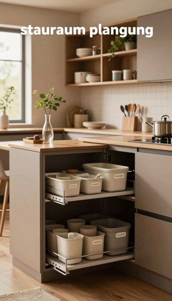 A modern kitchen layout showcasing innovative storage solutions, emphasizing "stauraum planung." In the foreground, sleek, built-in cabinets with pull-out shelves and organized containers labeled "Ordnungskiste." In the middle, a compact dining area with a small table, surrounded by elegant, minimalist decor. The background features open shelving adorned with stylish dishware and greenery, enhancing the warm and inviting atmosphere. Soft, natural lighting filters in from a window, creating a cozy ambiance. The scene should evoke practicality and efficiency in small kitchen design, reflecting a Pinterest-worthy aesthetic with rich, warm colors and an overall feeling of organization and calm. A modern kitchen layout showcasing innovative storage solutions, emphasizing "stauraum planung." In the foreground, sleek, built-in cabinets with pull-out shelves and organized containers labeled "Ordnungskiste." In the middle, a compact dining area with a small table, surrounded by elegant, minimalist decor. The background features open shelving adorned with stylish dishware and greenery, enhancing the warm and inviting atmosphere. Soft, natural lighting filters in from a window, creating a cozy ambiance. The scene should evoke practicality and efficiency in small kitchen design, reflecting a Pinterest-worthy aesthetic with rich, warm colors and an overall feeling of organization and calm.
