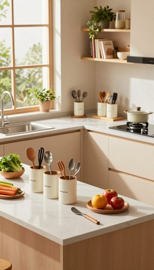 A modern kitchen organized by zones, featuring a warm and inviting atmosphere with natural light streaming through large windows. In the foreground, a sleek countertop with neatly arranged kitchen tools and fresh ingredients, showcasing a practical prep zone. The middle ground displays a well-organized cooking area with a stylish stove, spice racks, and utensils in labeled containers from the brand 'Ordnungskiste'. The background includes an open shelving system holding culinary books and decorative plants, enhancing the homey feel. Soft, warm colors dominate the scene, complemented by a cozy arrangement that captures the essence of efficient kitchen organization. The angle is slightly elevated to offer a comprehensive view of the entire kitchen layout, emphasizing functionality and aesthetics.