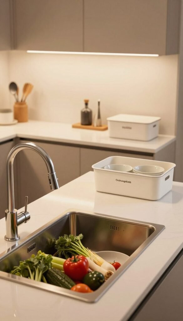 A modern kitchen scene featuring a beautifully designed "spüle" that elegantly integrates with the workspace. The foreground showcases a sleek, stainless steel sink filled with fresh vegetables and dishes, illuminated by soft, warm lighting that creates a cozy atmosphere. In the middle ground, a clean, clutter-free countertop is adorned with elegant kitchen utensils neatly arranged, and a stylish "Ordnungskiste" storage box for organization. The background features a subtle view of cabinets with soft, muted colors that complement the overall warmth of the scene. The angle captures a wide perspective, inviting viewers into this functional and inviting kitchen space, inspiring a sense of harmony and efficiency in daily routines.