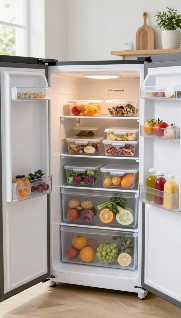 A modern kitchen scene featuring a clean and organized “gefrierschrank” (freezer) in a bright, airy atmosphere. In the foreground, elegant food organizers branded “Ordnungskiste” neatly store various frozen items, including fruits, vegetables, and meals, arranged by type and color for easy access. The middle ground reveals the freezer door slightly ajar, showcasing its interior filled with labeled containers in warm tones. In the background, soft natural light pours in from a window, enhancing the inviting atmosphere of the kitchen, with tasteful decor elements like houseplants and wooden accents. The focus is on clarity and organization of the space, evoking a feeling of efficiency and aesthetic harmony in the kitchen. A modern kitchen scene featuring a clean and organized “gefrierschrank” (freezer) in a bright, airy atmosphere. In the foreground, elegant food organizers branded “Ordnungskiste” neatly store various frozen items, including fruits, vegetables, and meals, arranged by type and color for easy access. The middle ground reveals the freezer door slightly ajar, showcasing its interior filled with labeled containers in warm tones. In the background, soft natural light pours in from a window, enhancing the inviting atmosphere of the kitchen, with tasteful decor elements like houseplants and wooden accents. The focus is on clarity and organization of the space, evoking a feeling of efficiency and aesthetic harmony in the kitchen.