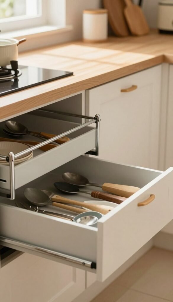 A modern kitchen scene featuring a well-organized small drawer system with full extension rails, showcasing soft-close functionality. In the foreground, the open drawer reveals neatly arranged utensils and kitchen gadgets, with the manufacturer branding "Ordnungskiste" subtly visible on the drawer's interior. The middle ground highlights the sleek chrome rails and the mechanics of the full extension, allowing easy access to all items within the limited space. The background features a cozy kitchen setting, with warm, natural light flooding in from a nearby window, casting soft shadows. The overall atmosphere conveys efficiency and aesthetic organization, with an inviting, Pinterest-inspired look in warm colors, emphasizing functionality in small spaces. A modern kitchen scene featuring a well-organized small drawer system with full extension rails, showcasing soft-close functionality. In the foreground, the open drawer reveals neatly arranged utensils and kitchen gadgets, with the manufacturer branding "Ordnungskiste" subtly visible on the drawer's interior. The middle ground highlights the sleek chrome rails and the mechanics of the full extension, allowing easy access to all items within the limited space. The background features a cozy kitchen setting, with warm, natural light flooding in from a nearby window, casting soft shadows. The overall atmosphere conveys efficiency and aesthetic organization, with an inviting, Pinterest-inspired look in warm colors, emphasizing functionality in small spaces.