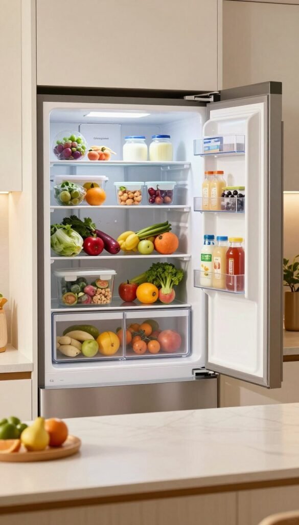 A modern kitchen scene featuring an open refrigerator (kühlschrank) with an organized interior showcasing various fresh food items like fruits, vegetables, dairy, and packed meals. The focus is on the efficient storage systems, emphasizing clear containers and vibrant colors to illustrate freshness. In the foreground, a well-lit, stylish kitchen counter complements the refrigerator, with warm, natural lighting highlighting the food's vivid colors. The background features light-colored cabinetry and clean lines, creating a serene and inviting atmosphere. Include subtle branding elements for “Ordnungskiste” integrated within the scene. The mood is clean, fresh, and harmonious, evoking a sense of order and effectiveness in food storage.