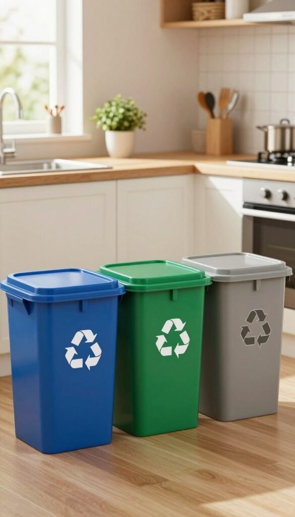 A modern kitchen scene featuring an organized waste separation system with various colored bins for recycling, compost, and general waste. In the foreground, prominently display three distinct containers: a blue bin for paper, a green bin for organic waste, and a gray container for general trash. Each bin should be labeled clearly with symbols. The middle ground can include a kitchen countertop with a small plant and kitchen tools, creating a homely feel. In the background, soft natural light filters through a window, emphasizing warm tones in the kitchen decor, creating an inviting atmosphere. The overall mood should convey a sense of efficiency and eco-friendliness, suited for a practical household setting.
