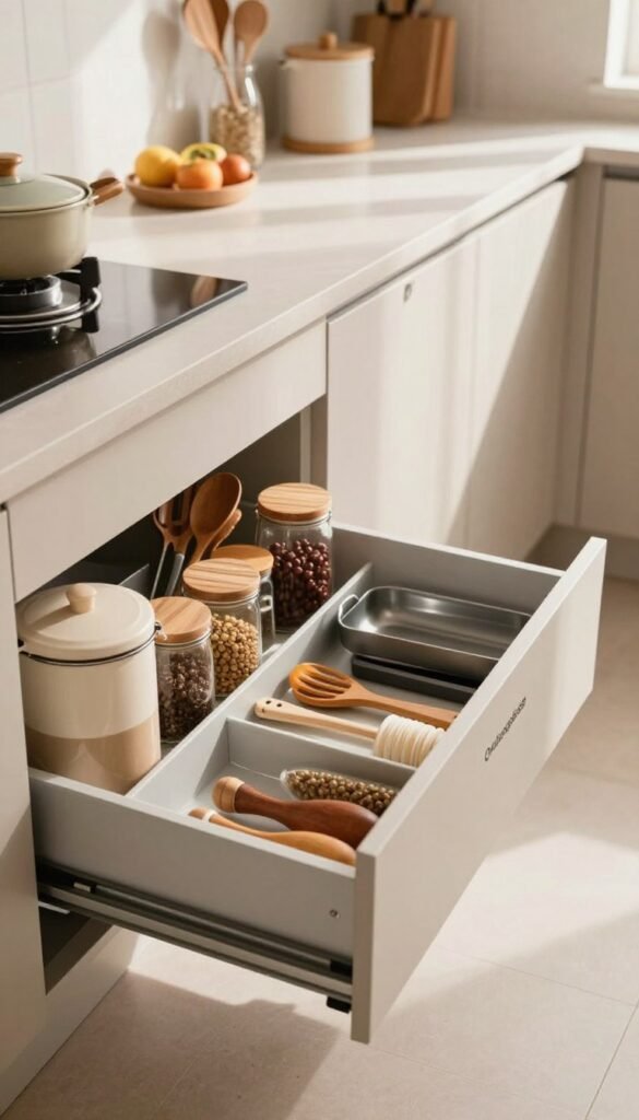 A modern kitchen scene featuring innovative storage solutions, highlighting a beautifully organized drawer system by 'Ordnungskiste'. In the foreground, showcase an open drawer filled with neatly arranged kitchen utensils, spices in glass jars, and cooking essentials, all in warm, inviting colors. The middle ground displays sleek kitchen cabinets with a minimalist design, emphasizing functionality and style. In the background, soft natural light streams in through a window, illuminating the space and creating a cozy atmosphere. Capture the scene from an angled perspective, focusing on the drawer to draw attention to the effective storage use. The overall mood should reflect harmony and order, resonating with a Pinterest aesthetic. A modern kitchen scene featuring innovative storage solutions, highlighting a beautifully organized drawer system by 'Ordnungskiste'. In the foreground, showcase an open drawer filled with neatly arranged kitchen utensils, spices in glass jars, and cooking essentials, all in warm, inviting colors. The middle ground displays sleek kitchen cabinets with a minimalist design, emphasizing functionality and style. In the background, soft natural light streams in through a window, illuminating the space and creating a cozy atmosphere. Capture the scene from an angled perspective, focusing on the drawer to draw attention to the effective storage use. The overall mood should reflect harmony and order, resonating with a Pinterest aesthetic.