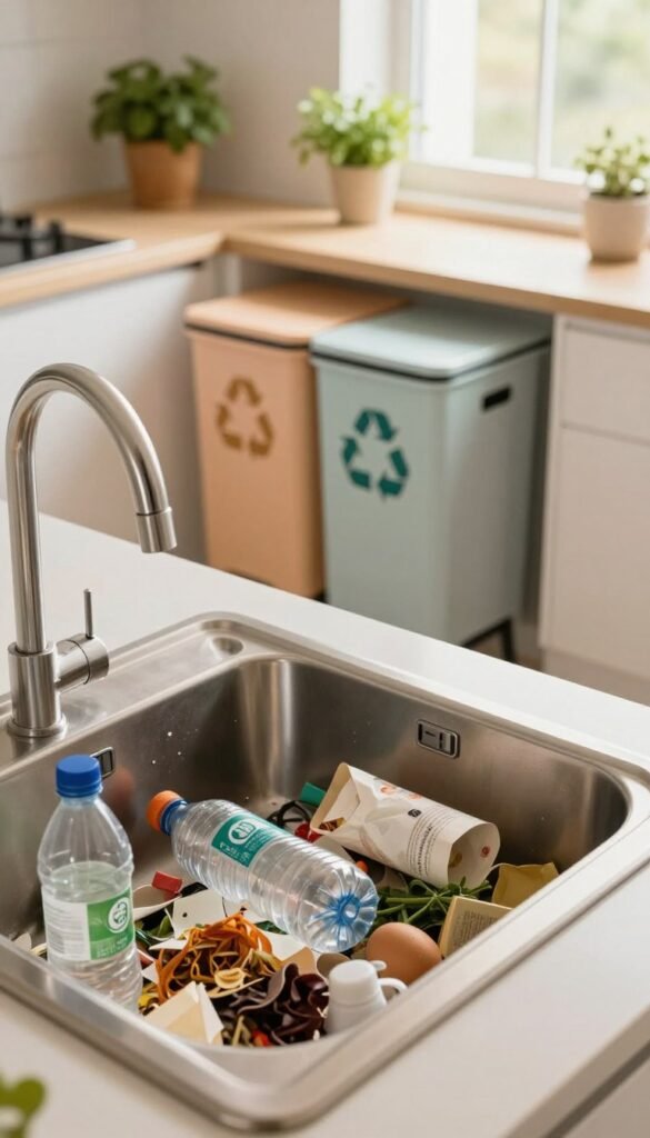 A modern kitchen scene showcasing a sleek, stainless steel sink (spüle) filled with various types of recyclable waste, such as paper, plastic bottles, and organic scraps. In the foreground, the sink is cluttered yet inviting, emphasizing the chaos of daily kitchen life. The middle ground features a small, organized recycling station with labeled bins in warm pastel colors to encourage proper waste separation. In the background, soft natural light streams in through a window, illuminating the countertop with potted herbs, creating a warm and inviting atmosphere. The image captures the essence of a functional kitchen, highlighting the challenges of waste sorting amidst the daily hustle. Focus on a well-balanced composition and a Pinterest-inspired aesthetic.