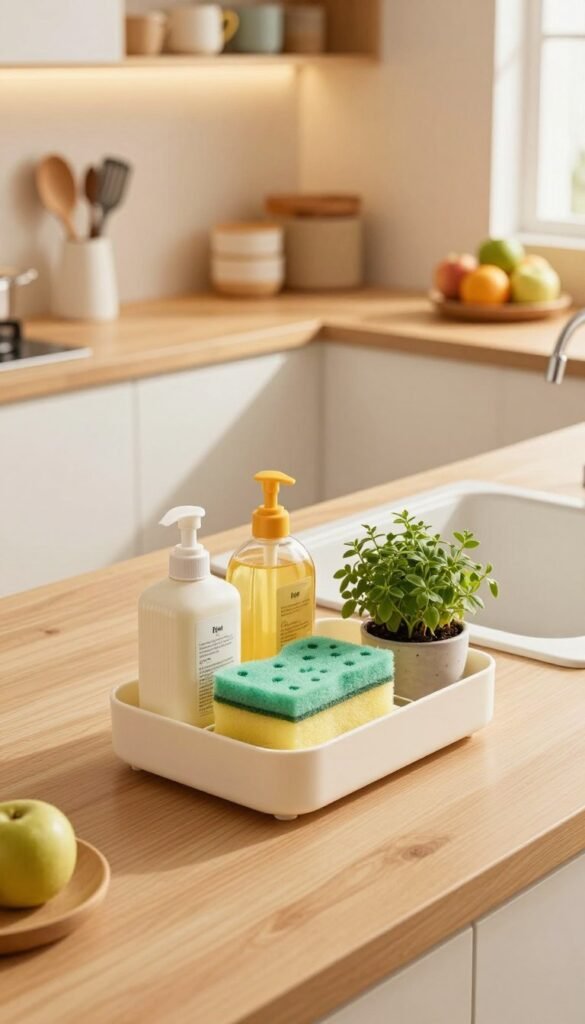 A modern kitchen scene showcasing a stylish spülbecken organizer in warm, inviting colors. In the foreground, the organizer is neatly arranged with dish soap, a sponge, and a small potted herb. The middle ground features a clean sink with gentle reflections on its surface, and a wooden countertop adorned with cooking utensils and a fruit bowl. The background reveals softly lit open shelves displaying neatly organized kitchenware, creating a Pinterest-worthy aesthetic. The lighting is warm and natural, as if illuminated by morning sunlight, evoking a cozy and organized atmosphere. The angle is slightly above, capturing the layout effectively while ensuring the focus remains on the spülbecken organizer without any text or overlays.