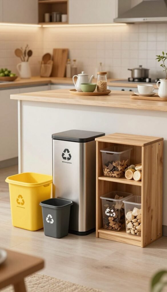 A modern kitchen scene showcasing a variety of trash separation systems, arranged in a stylish and organized manner. In the foreground, display three distinct Mülltrennsysteme: a sleek low-end model made of plastic with bright colors, a mid-range stainless steel option with elegant design, and a high-end wooden unit featuring compartments for recycling, compost, and waste. The middle ground should include a counter with eco-friendly kitchen accessories, while the background shows a clean, bright kitchen with warm lighting and a cozy atmosphere. The camera angle is slightly elevated, capturing the systems from an inviting perspective, emphasizing their functionality and design. Focus on natural colors and Pinterest-worthy aesthetics, creating an authentic and inspirational feel without any text.