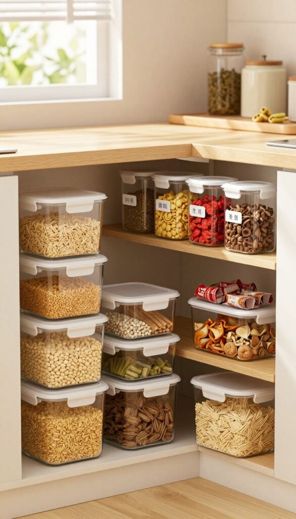 A modern kitchen scene showcasing an organized pantry with various airtight storage containers in different shapes and sizes. The foreground features neatly arranged containers made of glass and BPA-free plastic, filled with grains, spices, and snacks. In the middle, there is a wooden shelf displaying labeled jars for easy identification, with vibrant ingredients visible inside. The background shows a cozy kitchen atmosphere, bathed in warm, natural light filtering through a window, highlighting the sleek countertops and minimalistic decor. The scene conveys a sense of tranquility and efficiency, inviting viewers to appreciate the beauty of organized kitchen storage.