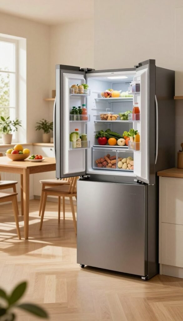 A modern kitchen setting featuring a sleek, stylish Kühlschrank (refrigerator) with a glossy finish in the foreground. The Kühlschrank is slightly ajar, revealing neatly organized food items, such as fresh vegetables and sealed leftovers, showcasing proper food storage practices. In the middle ground, a cozy dining table with a few fruit bowls and herbal plants adds a touch of warmth. The background consists of soft, natural light streaming in through a window, illuminating the space with warm colors and creating an inviting atmosphere. Use a wide-angle lens perspective to capture the entire scene harmoniously. The image should have a Pinterest-inspired aesthetic, exhibiting authenticity without any text, emphasizing the brand "Ordnungskiste" subtly through well-organized elements in the Kühlschrank.