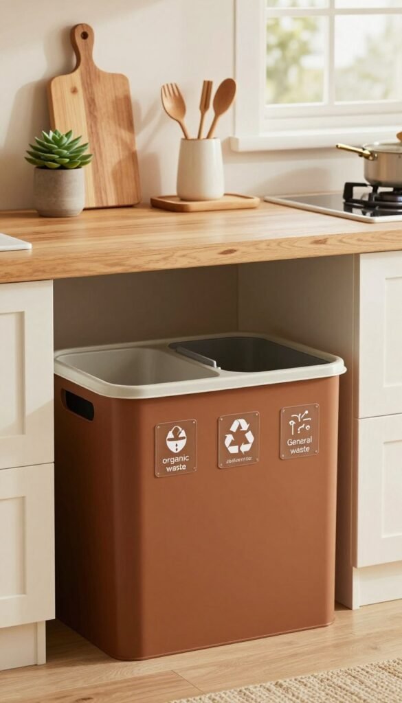 A modern kitchen setting focused on a stylish "abfallsammler" (waste collector) designed for efficient waste separation. In the foreground, showcase an elegant, multi-compartment bin with clear labels for organic waste, recyclables, and general trash, all in rich, warm colors that evoke a natural feel. The middle ground features a wooden countertop with a few kitchen essentials like a succulent, cutting board, and utensils, enhancing the home's inviting atmosphere. In the background, soft natural light filters through a window, illuminating the space and adding warmth. The scene should convey a sense of practicality and aesthetic appeal, making waste separation feel seamless and stylish.