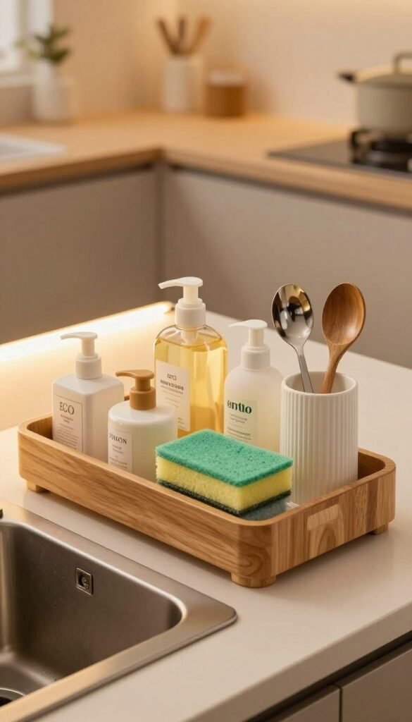 A modern kitchen sink organizer arranged neatly under a sink, showcasing various compartments designed for cleaning supplies and utensils. In the foreground, focus on a wooden shelf with a sleek design, containing eco-friendly dish soaps, sponges, and dish rags organized in stylish containers. In the middle ground, a soft, ambient light highlights the organizer, creating warmth and a cozy atmosphere. The background features a slightly blurred view of the kitchen’s cabinetry, with warm, earthy tones and minimalistic decor enhancing the Pinterest-worthy aesthetic. Capture the image from a slightly elevated angle to emphasize the functionality and appeal of the organizer while creating a welcoming vibe that reflects order and practicality in home organization. A modern kitchen sink organizer arranged neatly under a sink, showcasing various compartments designed for cleaning supplies and utensils. In the foreground, focus on a wooden shelf with a sleek design, containing eco-friendly dish soaps, sponges, and dish rags organized in stylish containers. In the middle ground, a soft, ambient light highlights the organizer, creating warmth and a cozy atmosphere. The background features a slightly blurred view of the kitchen’s cabinetry, with warm, earthy tones and minimalistic decor enhancing the Pinterest-worthy aesthetic. Capture the image from a slightly elevated angle to emphasize the functionality and appeal of the organizer while creating a welcoming vibe that reflects order and practicality in home organization.