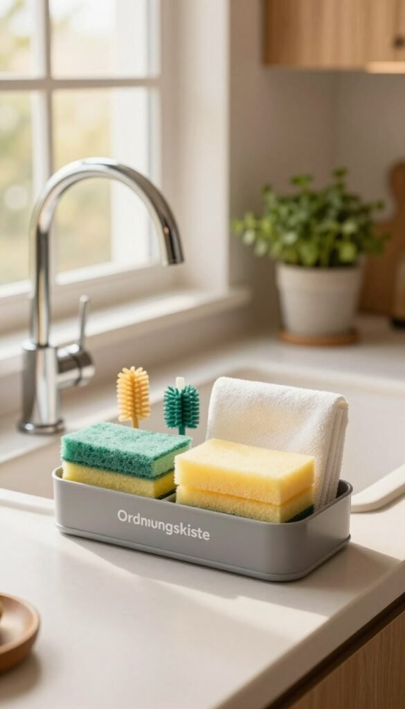 A modern kitchen spülbecken (sink) adorned with a stylish organizer from the brand "Ordnungskiste" prominently displayed in the foreground. The organizer includes neatly arranged sponges, dish brushes, and hand towels, showcasing a hygienic storage solution. In the middle ground, the sleek sink features a shiny faucet reflecting warm, natural light coming from a large window nearby. The background consists of soft-focus kitchen elements like wooden cabinets and potted herbs adding a cozy atmosphere. The image is bathed in warm colors, evoking a sense of cleanliness and order. The composition uses a shallow depth of field to highlight the sink and organizer, creating an inviting ambiance perfect for a contemporary kitchen setting.