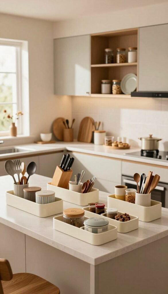A modern kitchen with an emphasis on organization and storage solutions, featuring a stylish countertop filled with kitchen organization sets, such as spice racks, knife blocks, and modular drawer dividers. The foreground showcases beautifully arranged utensils and containers, while the middle features neatly organized cabinets with open shelves displaying decorative jars and plates. In the background, a well-lit kitchen space with warm, inviting tones highlights a cozy atmosphere. Soft, natural lighting filters through a window, creating a comfortable mood. A wide-angle view captures the entire kitchen layout, emphasizing the abundance of storage options. Aim for a Pinterest-inspired aesthetic, authentic and visually appealing, without any text or distractions in the image.