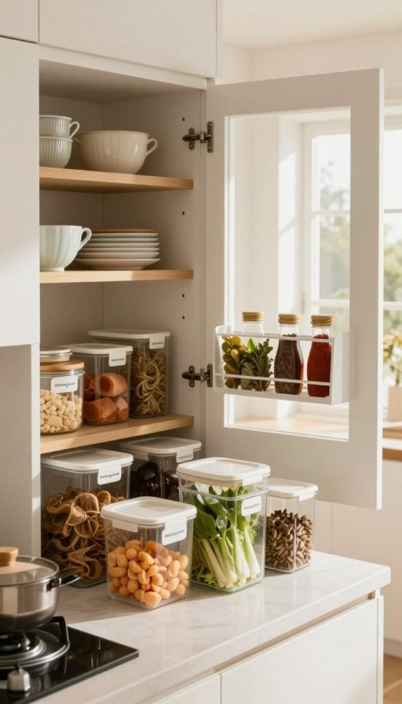 A modern kitchen without a pantry, featuring an organized, clutter-free design that emphasizes smart storage solutions. In the foreground, stylish containers labeled "Ordnungskiste" neatly categorize ingredients on a countertop, enhancing the sense of order. The middle ground shows open shelving displaying attractive kitchenware and spices, all arranged harmoniously. The background highlights a bright window with soft, natural light streaming in, casting warm tones throughout the space, creating an inviting atmosphere. Use a slightly elevated angle to capture the room's layout, showcasing both functionality and aesthetics. The overall mood should feel cozy and practical, embodying a Pinterest-inspired look with natural colors. Avoid any text, ensuring the image conveys the essence of a well-organized kitchen. A modern kitchen without a pantry, featuring an organized, clutter-free design that emphasizes smart storage solutions. In the foreground, stylish containers labeled "Ordnungskiste" neatly categorize ingredients on a countertop, enhancing the sense of order. The middle ground shows open shelving displaying attractive kitchenware and spices, all arranged harmoniously. The background highlights a bright window with soft, natural light streaming in, casting warm tones throughout the space, creating an inviting atmosphere. Use a slightly elevated angle to capture the room's layout, showcasing both functionality and aesthetics. The overall mood should feel cozy and practical, embodying a Pinterest-inspired look with natural colors. Avoid any text, ensuring the image conveys the essence of a well-organized kitchen.