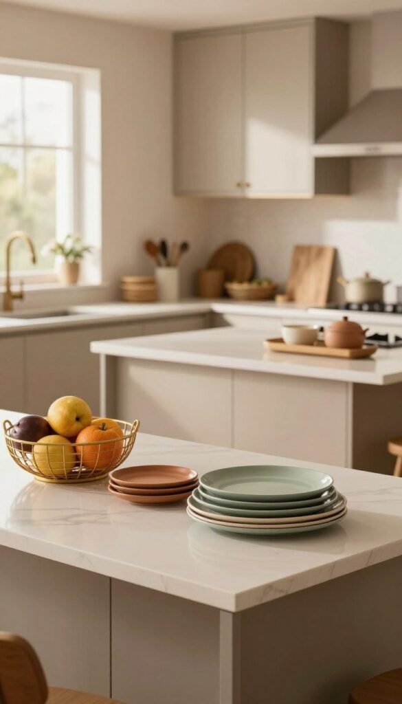 A modern kitchen workspace featuring a sleek, stylish countertop. In the foreground, organize beautiful kitchen accessories like neatly stacked utensils and a decorative fruit basket, all in warm, inviting colors. The middle ground includes a spacious, well-lit kitchen island and elegant cabinetry displayed with practical kitchen organizational sets. The background shows a serene kitchen with warm, natural light coming from a nearby window, illuminating the room and creating a cozy atmosphere. Use soft focus to highlight the countertop layout and maintain an authentic Pinterest-inspired aesthetic, emphasizing functionality and design without text or distractions. Show the kitchen elements in a way that visually communicates the concepts of size, material, and organization.
