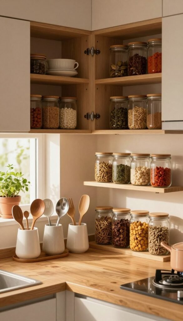 A modern kitchen workspace featuring a well-organized and aesthetically pleasing kitchen storage system. In the foreground, a stylish wooden countertop displays various kitchen utensils neatly arranged in elegant containers. In the middle ground, several sleek cabinets with open shelves showcase organized glass jars filled with spices and dry goods in transparent containers, reflecting natural light. The background presents warm, inviting colors through soft lighting that creates a cozy atmosphere, with potted herbs on the window sill. The overall look embodies a Pinterest-inspired aesthetic, emphasizing a blend of functionality and beauty. Ensure the image captures a safe, SFW environment without any text, focusing solely on the harmonious design of the kitchen organization system.