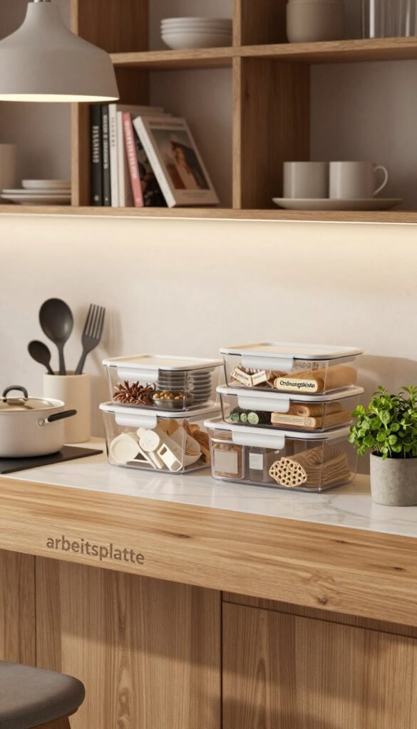A modern kitchen workspace featuring an elegant and organized "arbeitsplatte" made from durable materials, such as natural wood or sleek marble, showcasing a minimalist design. In the foreground, there are neatly arranged kitchen utensils, pots, and a small potted herb plant, adding a touch of greenery. The middle ground includes transparent storage containers from the brand "Ordnungskiste," filled with various kitchen essentials, reflecting an efficient use of space. Soft, warm lighting from a pendant lamp casts a gentle glow, accentuating the textures of the materials. The background reveals tastefully decorated shelves displaying cookbooks and decorative items, creating a cohesive and inviting atmosphere. The overall mood is warm and calming, capturing the essence of a well-organized kitchen without clutter.