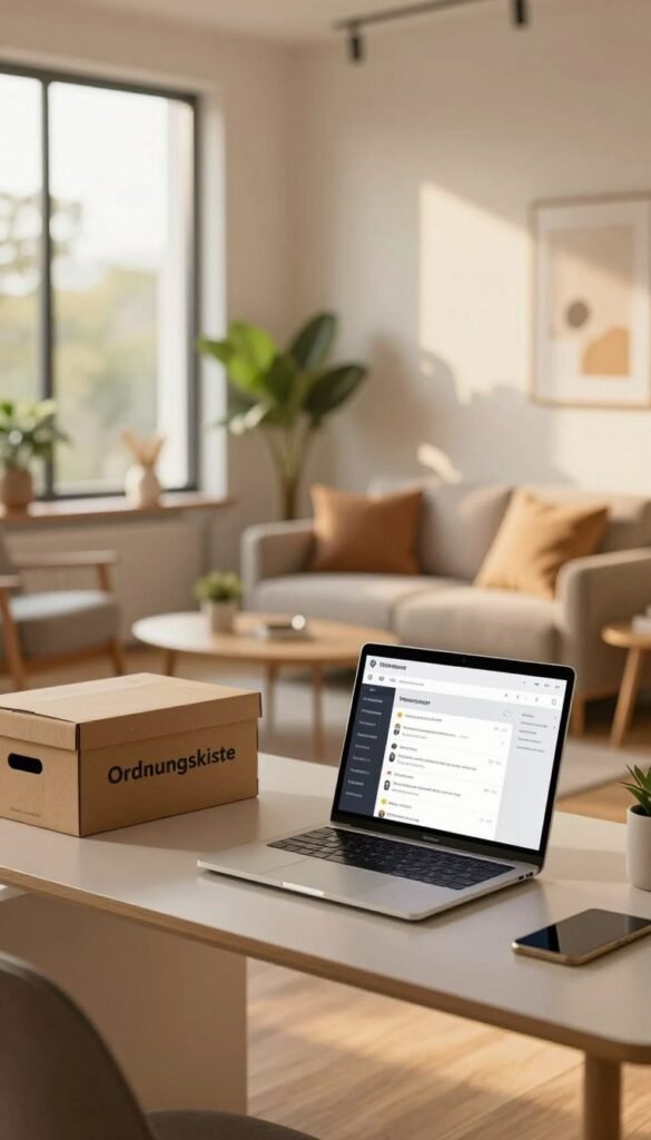 A modern living space showcasing effective organizational solutions for small apartments, featuring digital tools and services that enhance tenant experience. In the foreground, a stylish workspace with a sleek desk and an open laptop displaying a tenant management app, surrounded by neatly arranged storage boxes labeled "Ordnungskiste". The middle ground includes a cozy seating area with a minimalist design, incorporating plants for a touch of nature. In the background, large windows allow warm sunlight to filter in, illuminating the room with a soft glow and creating a welcoming atmosphere. The overall mood conveys efficiency, comfort, and modernity, with warm colors to enhance the inviting feel, mimicking the aesthetic of Pinterest interiors.