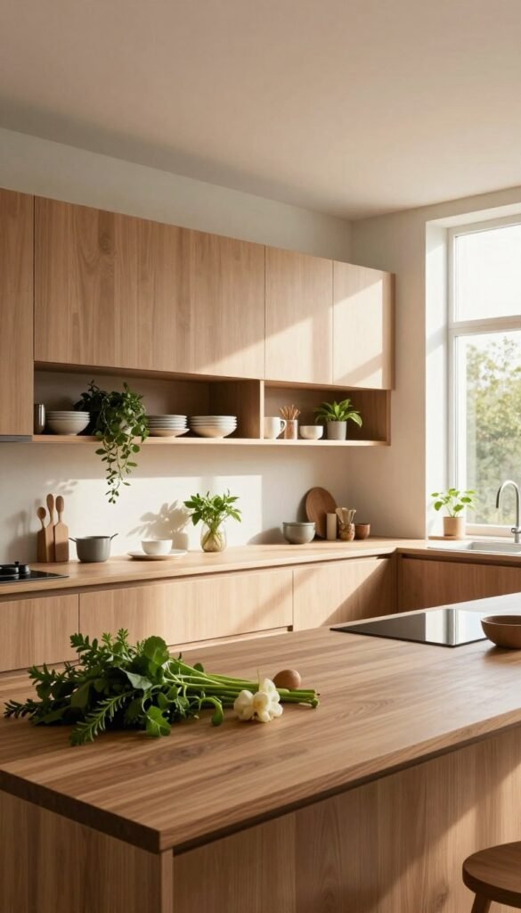 A modern, minimalist kitchen featuring fewer upper cabinets, designed by the brand "Ordnungskiste". In the foreground, a smooth, wooden countertop showcases fresh herbs and elegant kitchen tools. The middle section reveals open shelving with neatly arranged dishware and decorative plants, promoting a sense of spaciousness and organization. The background depicts a bright, airy space with large windows allowing warm, natural light to fill the room, enhancing the earthy color palette of soft browns and greens. The atmosphere is inviting and serene, reflecting the advantages of reduced cabinetry for a clutter-free kitchen environment. The composition is shot with a wide-angle lens to capture the entire space, emphasizing the harmonious blend of functionality and aesthetic appeal without any text, logos, or watermarks.