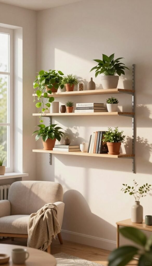 A modern, minimalist room showcasing a stylish "Ordnungskiste" wall shelf without drilling, elegantly arranged against a soft, neutral-colored wall. In the foreground, focus on the shelf filled with vibrant potted plants, books, and decorative items, all bathed in warm, natural sunlight filtering through a nearby window. The middle layer depicts a neatly organized space underneath the shelf, featuring a cozy seating area with a plush chair and a soft throw blanket, adding to the inviting atmosphere. In the background, hints of greenery from outside peek through, enhancing the sense of tranquility. The image conveys an atmosphere of flexibility and quick setup, with soft shadows and highlights emphasizing the warmth and comfort of a homey environment. The overall mood is calm, organized, and aesthetically pleasing, reflecting contemporary living.