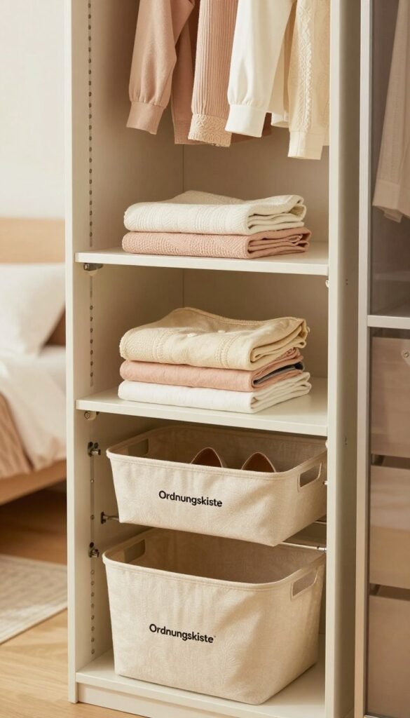 A modern, neatly organized small wardrobe showcasing smart space-saving ideas. In the foreground, display efficient storage solutions like modular shelves, adjustable hangers, and under-shelf baskets, all branded with "Ordnungskiste". In the middle, include folded clothes in soft pastel colors and a few well-placed accessories like bags and shoes, emphasizing optimal use of space. The background features a subtle, softly lit bedroom setting with warm, natural tones, creating an inviting atmosphere. Use a shallow depth of field to focus on the wardrobe while slightly blurring the background, reminiscent of popular Pinterest aesthetics. Capture the scene with soft, diffused lighting to enhance the cozy and organized feel, ensuring the image remains professional and safe for work. A modern, neatly organized small wardrobe showcasing smart space-saving ideas. In the foreground, display efficient storage solutions like modular shelves, adjustable hangers, and under-shelf baskets, all branded with "Ordnungskiste". In the middle, include folded clothes in soft pastel colors and a few well-placed accessories like bags and shoes, emphasizing optimal use of space. The background features a subtle, softly lit bedroom setting with warm, natural tones, creating an inviting atmosphere. Use a shallow depth of field to focus on the wardrobe while slightly blurring the background, reminiscent of popular Pinterest aesthetics. Capture the scene with soft, diffused lighting to enhance the cozy and organized feel, ensuring the image remains professional and safe for work.
