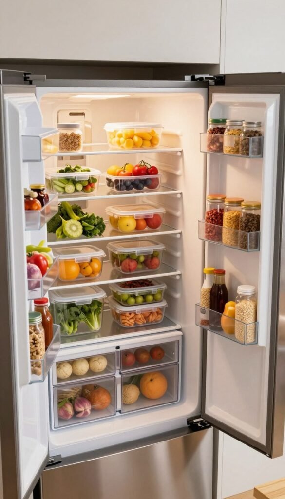 A modern, organized kitchen featuring a spacious refrigerator filled with a variety of fresh, colorful meal-prep containers, fruits, and vegetables. The foreground showcases immaculate shelves, showcasing neatly arranged jars of grains and spices, emphasizing a family-friendly meal-prep system. In the middle ground, the refrigerator has a stainless-steel finish, reflecting soft, warm lighting that enhances the inviting atmosphere of the kitchen. The background includes a clean countertop with a wooden cutting board and kitchen utensils, creating a functional and stylish space. The scene is shot from a slightly elevated angle to capture the refrigerator's contents and the overall layout, with a warm color palette that evokes a cozy, homey feeling. The composition is naturally authentic and devoid of any text or branding elements. A modern, organized kitchen featuring a spacious refrigerator filled with a variety of fresh, colorful meal-prep containers, fruits, and vegetables. The foreground showcases immaculate shelves, showcasing neatly arranged jars of grains and spices, emphasizing a family-friendly meal-prep system. In the middle ground, the refrigerator has a stainless-steel finish, reflecting soft, warm lighting that enhances the inviting atmosphere of the kitchen. The background includes a clean countertop with a wooden cutting board and kitchen utensils, creating a functional and stylish space. The scene is shot from a slightly elevated angle to capture the refrigerator's contents and the overall layout, with a warm color palette that evokes a cozy, homey feeling. The composition is naturally authentic and devoid of any text or branding elements.