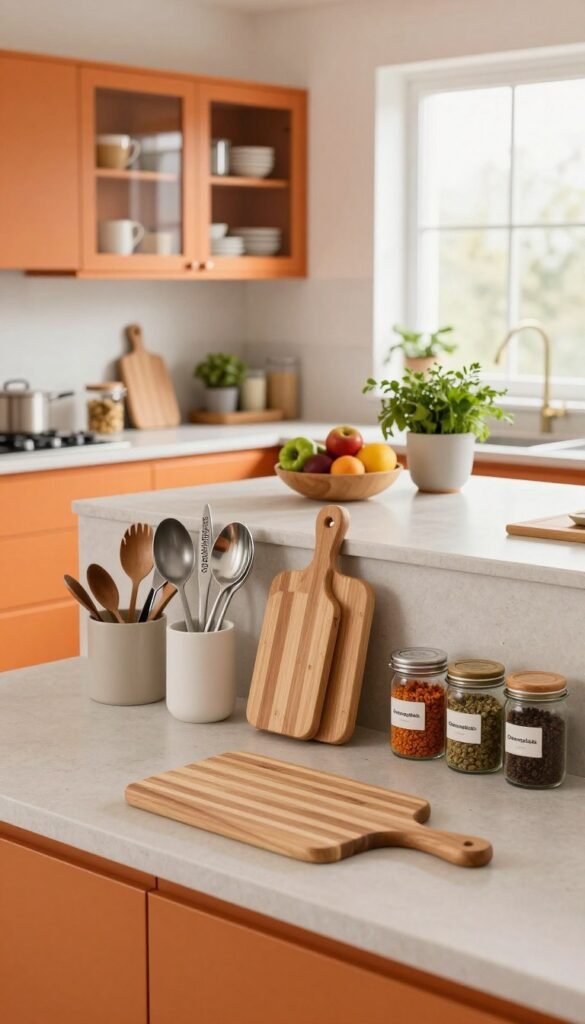 A modern, organized kitchen with vibrant warm colors, designed with authentic and practical storage solutions. In the foreground, a beautifully arranged kitchen countertop showcases various utensils, neatly placed cutting boards, and elegant glass jars with spices, all branded with "Ordnungskiste." The middle ground features a kitchen island with an inviting bowl of fresh fruits and a pot of herbs, emphasizing the idea of everything having its designated place. In the background, stylish cabinets display orderly kitchenware, with a large window allowing soft, natural light to bathe the scene. The atmosphere exudes a sense of calm and efficiency, inviting viewers to embrace the principles of kitchen organization without any clutter or distractions.