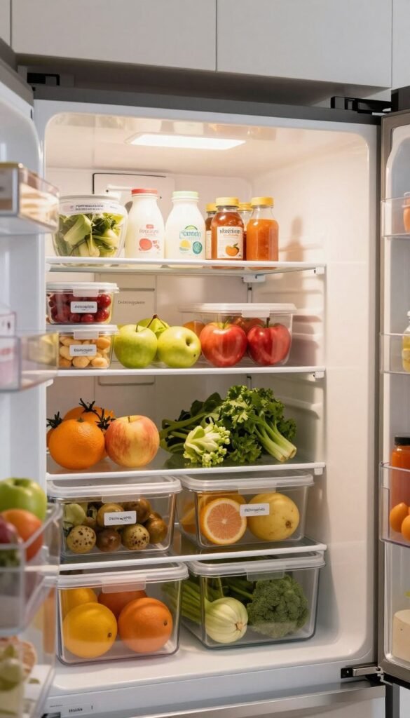A modern, organized refrigerator filled with a variety of colorful, fresh foods, showcasing the concept of visible food storage. In the foreground, there are clear storage bins with labels, neatly arranged fruits and vegetables, and meal prep containers. The middle layer features a not-too-full shelf of dairy and condiments, with their colors popping against the bright white interior. In the background, the sleek design of the refrigerator can be seen, with warm ambient lighting enhancing its inviting appearance. The atmosphere is calm and tidy, reflecting an efficient kitchen space. The brand name "Ordnungskiste" is subtly integrated into the fridge design, adding an element of branding without overpowering the visual. The overall feel is warm, authentic, and aesthetically pleasing, with a Pinterest-like vibe. A modern, organized refrigerator filled with a variety of colorful, fresh foods, showcasing the concept of visible food storage. In the foreground, there are clear storage bins with labels, neatly arranged fruits and vegetables, and meal prep containers. The middle layer features a not-too-full shelf of dairy and condiments, with their colors popping against the bright white interior. In the background, the sleek design of the refrigerator can be seen, with warm ambient lighting enhancing its inviting appearance. The atmosphere is calm and tidy, reflecting an efficient kitchen space. The brand name "Ordnungskiste" is subtly integrated into the fridge design, adding an element of branding without overpowering the visual. The overall feel is warm, authentic, and aesthetically pleasing, with a Pinterest-like vibe.