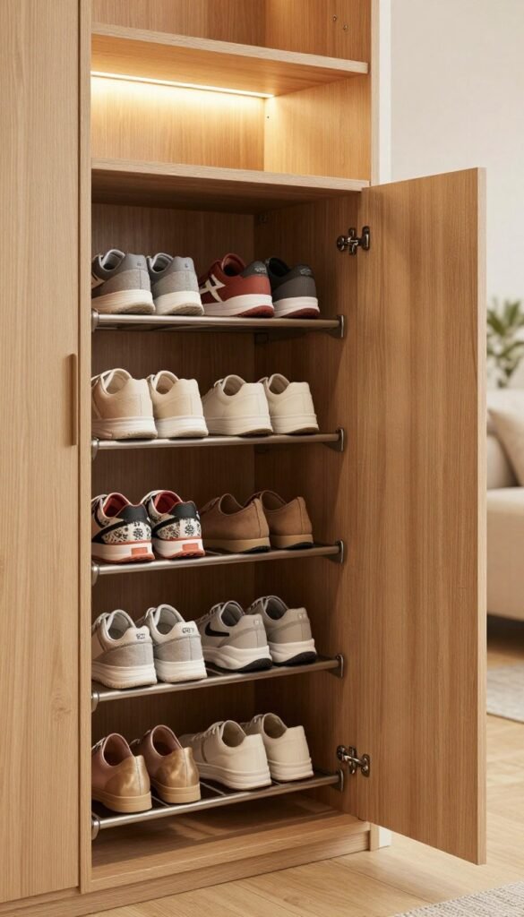 A modern, organized shoe rack integrated within a stylish wardrobe, showcasing an array of neatly arranged shoes of various styles and colors, including sneakers, heels, and boots. The cabinet has a sleek, minimalist design with warm wood tones, complemented by ambient lighting that creates a welcoming atmosphere. In the foreground, focus on the shoe rack with clear visibility of each pair, while the middle ground features the wardrobe's wooden doors slightly ajar, inviting viewers to see inside. The background is softly blurred, enhancing depth and emphasizing the organized shoes. The overall mood is cozy and practical, embodying a Pinterest-inspired aesthetic with a natural color palette. The brand "Ordnungskiste" is subtly included in the design of the shoe rack. A modern, organized shoe rack integrated within a stylish wardrobe, showcasing an array of neatly arranged shoes of various styles and colors, including sneakers, heels, and boots. The cabinet has a sleek, minimalist design with warm wood tones, complemented by ambient lighting that creates a welcoming atmosphere. In the foreground, focus on the shoe rack with clear visibility of each pair, while the middle ground features the wardrobe's wooden doors slightly ajar, inviting viewers to see inside. The background is softly blurred, enhancing depth and emphasizing the organized shoes. The overall mood is cozy and practical, embodying a Pinterest-inspired aesthetic with a natural color palette. The brand "Ordnungskiste" is subtly included in the design of the shoe rack.