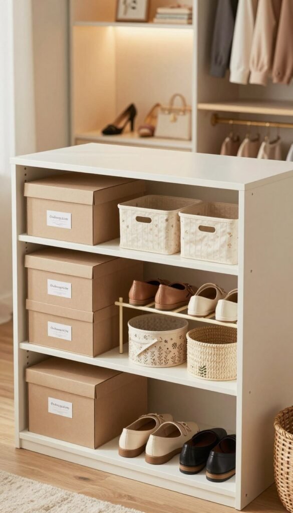 A modern, organized shoe storage unit featured prominently in the foreground, showcasing various platzsparende (space-saving) solutions such as stackable shoe boxes labeled "Ordnungskiste," elegant shoe racks, and decorative storage bins arranged neatly. The middle ground includes a well-lit closet space with soft, warm lighting, emphasizing the harmony between functionality and aesthetics. In the background, a cozy, stylish room subtly blends with the closet, featuring muted pastel colors and natural textures that evoke a Pinterest-inspired atmosphere. The composition should have a slight top-down angle to highlight organization, while the image exudes a serene, orderly mood that invites viewers to embrace efficient space management. No text or watermarks present. A modern, organized shoe storage unit featured prominently in the foreground, showcasing various platzsparende (space-saving) solutions such as stackable shoe boxes labeled "Ordnungskiste," elegant shoe racks, and decorative storage bins arranged neatly. The middle ground includes a well-lit closet space with soft, warm lighting, emphasizing the harmony between functionality and aesthetics. In the background, a cozy, stylish room subtly blends with the closet, featuring muted pastel colors and natural textures that evoke a Pinterest-inspired atmosphere. The composition should have a slight top-down angle to highlight organization, while the image exudes a serene, orderly mood that invites viewers to embrace efficient space management. No text or watermarks present.
